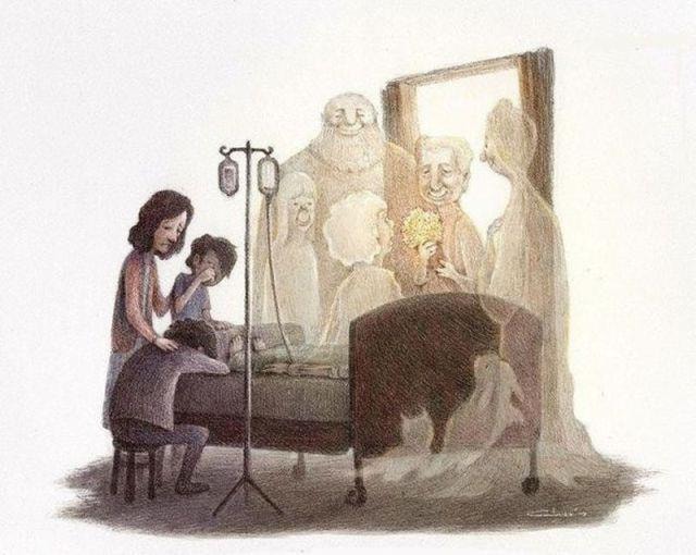 Illustration of deceased loved ones gathered around a deathbed, mirroring the account of Mike's father speaking with family members who had already passed